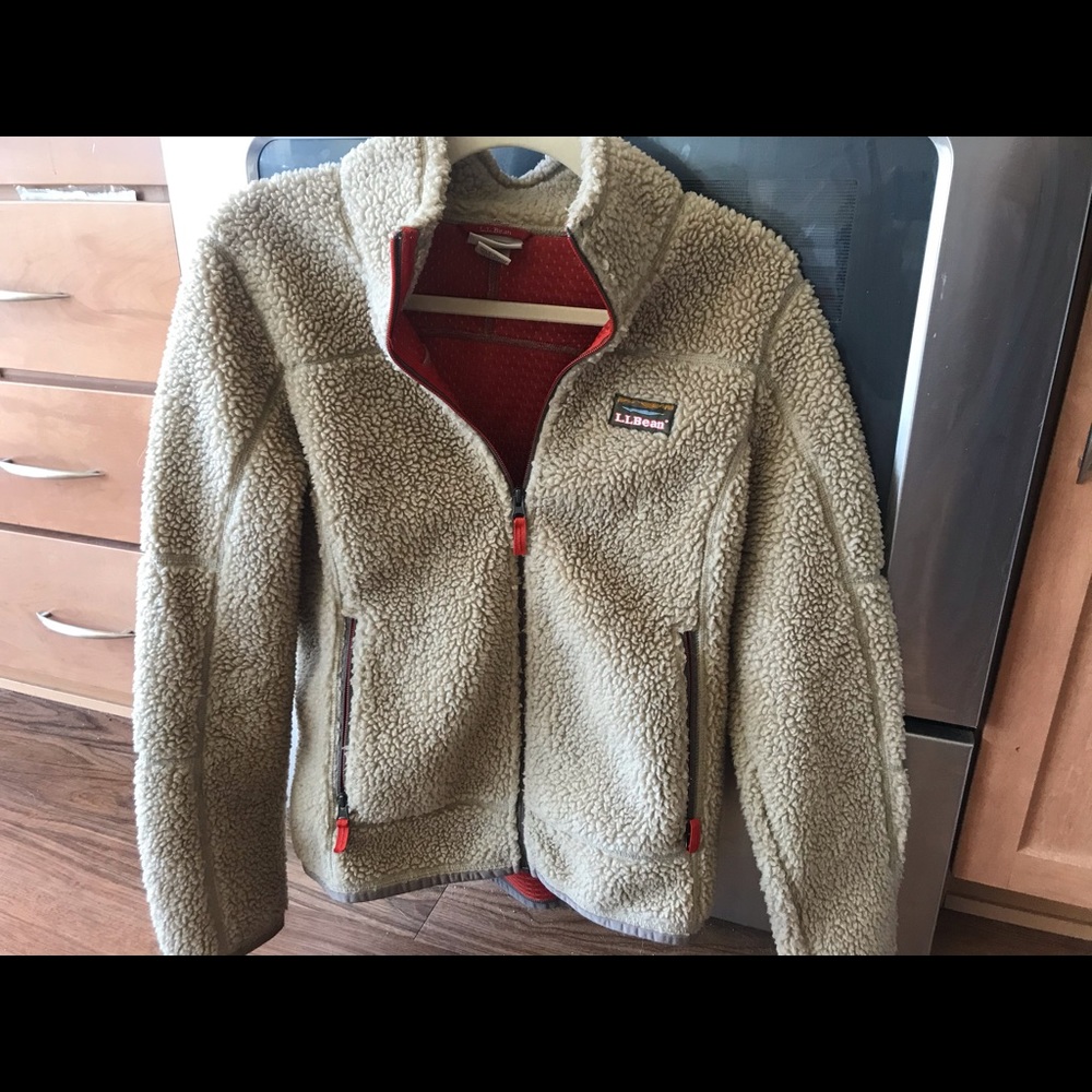LL Bean Sherpa tan jacket with orange lining